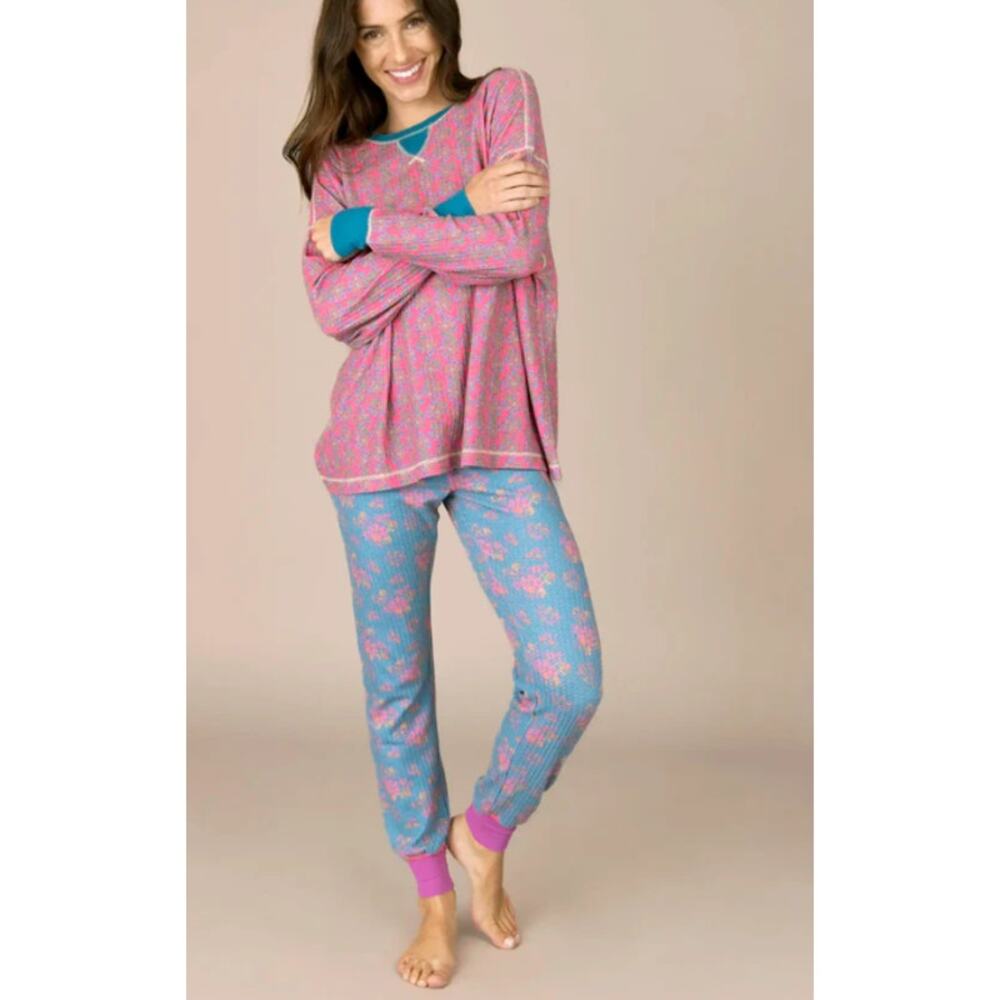 Natural Life Mix & Match Waffle Long Johns Pajamas Turquoise Floral Bouquets XS
